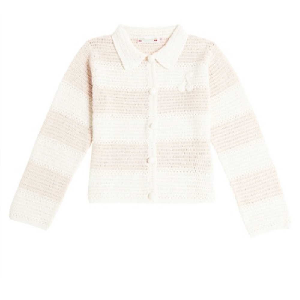BONPOINT Kids' Faro Striped Crochet Cotton Cardigan In Pink
